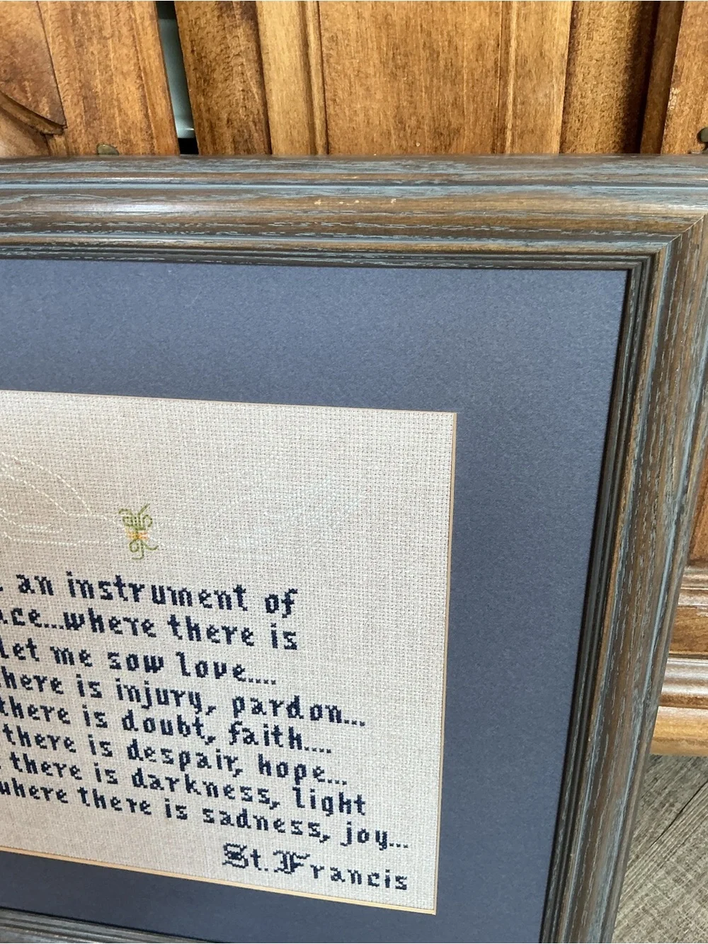 St. Francis Prayer Cross-Stitch Wall Art in Blue and Cream